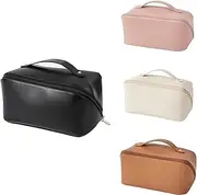 Premium Large-Capacity Travel Cosmetic Bag, Leather Makeup Multifunctional Storage Waterproof with Handle and Compartment Bag for Skincare Cosmetics Toiletries (C-Black)