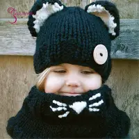在飛比找Yahoo!奇摩拍賣優惠-新款兒童卡通咪帽子手工針織帽秋冬寶寶毛線帽圍脖套裝