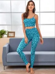 Leopard Print Yoga Set Outfit Crop Top w/ High Waist Legging Stretchy