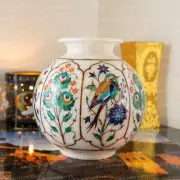 10" Marble Vase Pot, Floral bird Inlay, Vase Pot, Decor art & collectibles