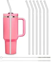 Halm Glass Straws - 6 Long 12 inch Bent Stanley Cup Replacement Drinking Straws + Plastic-Free Cleaning Brush - Perfect for Bottles & Quencher - Made in Germany - Dishwasher Safe - Eco-Friendly