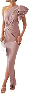 [Sweejim] Women Sexy Skew Collar Hollow Evening Dresses Slim Pleat High Slit One-Shoulder Ruffle Dress