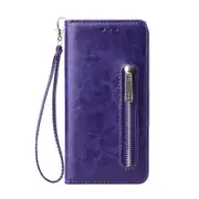 For Samsung S10 Solid Pu Leather Zipper Wallet Double Buckle Protective Case With Stand and Lanyard Purple