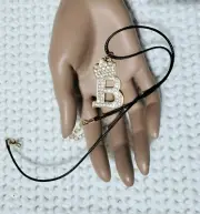 Stunning B Initial Rhinestone Pendant Necklace Golden Tone Black Leather Cord