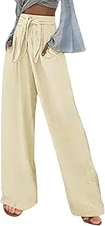 [Generic] Wide Leg Linen Dress Pants for Women Summer High Waist Drawstring Casual Pants Comfy Baggy Casual Pants with Pockets