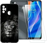 [ESACMOT] Dark Lion Pattern Case Compatible with Tecno Spark 7 + [2 Pack] Screen Protector Tempered Glass, Shockproof Case Cover for Tecno Spark 7T (6.5 inch)