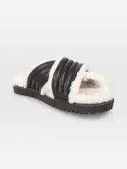 Black Leather & Shearling D-Cross Slides
