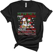 [Generic] First Christmas with My Hot New Fiance, Cute Plaid Santa Snowman, X-mas Sweater Couple Unisex T-Shirt