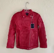 Oscar De Le Renta Girls Leather Jacket Side Zip Red Size 12