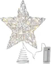 Christmas Star Rattan Tree Topper – White and Silver Xmas Holiday Decor Rustic L