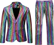 [Zylphorix] Mens Sequin Plaid 2 Piece Suit Rainbow Metallic Slim Coats Pants 2 Button Shiny Sequins Suits
