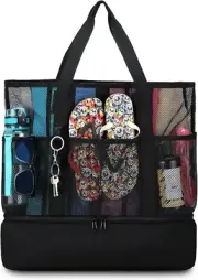 Mesh Beach Bag with Cooler, Sandproof 8 Pocket Design for Travel and Swimming