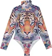 [voucong] Boho Style Flower Floral Yellow Tigers long sleeve Body Suits Womens Shapewear Cute Going Out Tops for Women Turtleneck Jumpsuit Medium size, Boho Style Flower Floral Yellow Tigers