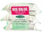 RealCare Facial Cleasing Wipes | 5 In 1 Cleansing | Vitamin A, C, E | Alcohol Free | Perfect for Makeup Removes Face & Eye | Triple Pack | 3 x 25 Pack