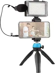Portable Phone Video Kit Phone Video Rig with Fill Light 5500K/3200K + Cardioid Microphone + Adjustable Phone Holder + Desktop Ballhead Tripod for Phone Vlog Video Recording Live Streaming Blue