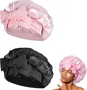 MYTOAU 2 Pcs Satin Sleep Cap,Silk Bonnet Satin Bonnet Large Silky Bonnet with Tie Band Hair Bonnet for Sleeping Adjustable Bonnet Tie Bonnets Night Cap Sleep Cap Hair Wrap for Women Girls