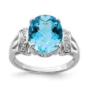 Sterling Silver Rhodium Oval Checker-Cut Blue Topaz u0026 Natural Diamond Gemstone Birthstone Ring Fine Jewelry Gift for Her