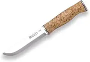 Joker Hiking and Mount Knife Sami CL128, Brown Leather Sheath, Handle Curly Birch Wood, Blade 12,3 cm Sandvik 14C28N, Tool for Fishing, Hiking, Camping and Hiking