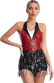 [Yihuimin] Woman's Sequins Latin Tango Rumba Stage Costume Halter Bowtie Neck Bodysuits Tassel Skirts
