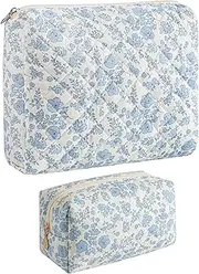 HHQQWZ 2 Pcs Cotton Quilted Makeup Bag Set, Floral Cosmetic Bag Makeup Bag for Women Girls, Travel Floral Cosmetic Bag Zipper Make Up Pouch, Flowers Toiletry Organizer Bag, 2 Pcs Blue Floral