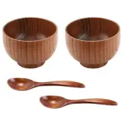 4 Pieces Wooden Handmade Bowl and Spoon for for Rice Serving Home7422
