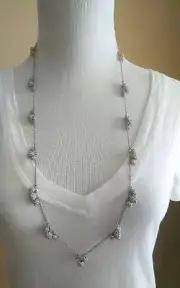 Ann Taylor Rhinestone Necklace Silvertone With Dangling Bead Clusters NWT $75