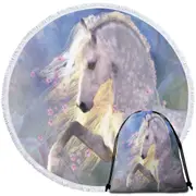 Horse Art Beautiful Pink Flowery White Horse Round Beach Towel