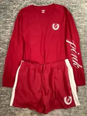 Victoria's Secret Pink Campus LS Tee Shirt + Shorts Set Red Lacquer Logo L NWT