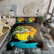 Erosebridal Big Pike Fish Bedding Set for Kids Boys Girl Fishing Hunting Comforter Set King Country Woodland Adventure Bedding Comforter Sets Farmhouse Hunter Cabin Duvet Insert Animal Theme Quilt