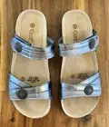 Size 8AU Pewter , Two Strap Slides / Slip On Sandals On A Cork Look Sole - NEW