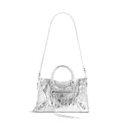 BALENCIAGA Le City Small $2390 Silver Metallized Arena Leather Handbag New