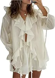 [Generic] Casual Ruffles Shorts Suits Women Loose See Through V Neck Hollow Out Sets Female 2025 Spring Fashion Lace Up Sets