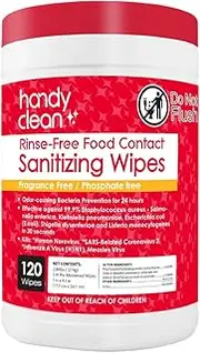HandyClean Rinse Free Sanitizing Wipes Safe for Food Contact Surface, 120 Count Canister - Multipurpose Kitchen Cleaning for Counter, high Chairs, Strollers etc