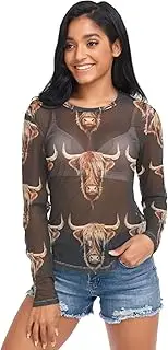 [RPLIFE] Highland Cow Head Mesh Sleeve Tops for Women, Womens Fancy Shirts S-XXL