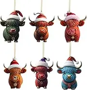 Generic 6PCS Cow Christmas Ornaments, Highland Cow Pendant Hanging Ornaments, Acrylic, Christmas, Christmas Tree Hanging Ornament