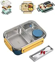 Escentio Stainless Steel Bento Lunch Box for Adults - Large Portable Box With Divided Compartments (Blue-1, 2 Grid)