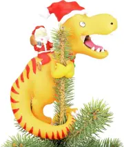 Santa Riding a T-Rex Funny Christmas Tree Topper - Large 10"