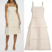 Donna Karan Fringe Trim Square Neck Tweed Midi Dress Size 10 NWT Ivory