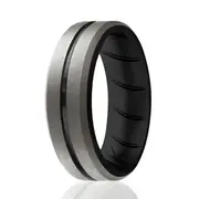 Silicone Wedding BR Middle Line Ring - Black-Silver by ROQ for Men - 11 mm Ring