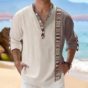 Men's Tribal Ethnic Shirt Linen Shirt Button Up Shirt Long Sleeve Tribal Vacation Daily Wear Going out Spring Fall Stand Collar Buttons Print White Khaki Gra