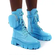 Chunky Platform Combat Ankle Boots for Women - Lace-up Zip Biker Shoes Black 38