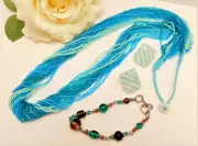 VINTAGE GLASS SEED BEAD MULTISTRAND WATERFALL NECKLACE, BRACELET & EARRING SET