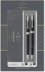 [PARKER] Sonnet Duo Gift Set With Ballpoint Pen & Rollerball Pen, Gloss Black With Chrome Trim, Black Ink Refill & Cartridge, Gift Box