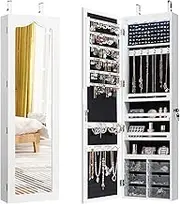 Giantex Jewelry Cabinet Armoire Full Length Mirror, Wall/Door Mounted Storage Cabinet w/Large Storage Capacity, 5 Auto-on LED Lights for Jewelry Cosmetics, Lockable Standing Jewelry Cabinet Organizer