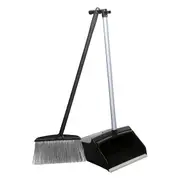 Cleanlink Lobby Pan Cleaner/Sweeper Set w/ Long Handle Dustpan/Broom Black/Grey