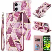 For Apple iPhone 11 Case Marble Painting Pattern With Lanyard Flip Wallet Case Leather Card Slots Stand Cover (Purple Gilding)
