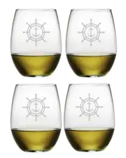 Susquehanna Glass Set of Four Wheel & Anchor 21oz Stemless Wine Glasses