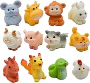 Pinenjoy 12Pcs Miniature Chinese Zodiac Animal Figurines Mini Cow Rabbit Dragon Tiger Dog Monkey Pig Figures Cartoon Resin Cake Toppers for DIY Micro Landscape Craft Home Table Decors
