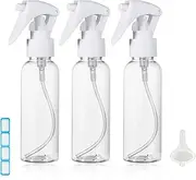 Travel Size Spray Bottle, 3.4oz/100ml Plastic Fine Mist Spray Bottle Set, Refillable Liquid Containers, 3pcs Clear Trigger Sprayer with Funnel and Labels for Styling Kitchen Home Office Cleaning