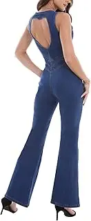 [Sexyshine] Women's Sleeveless Zipper Up One Piece Slim Fit Denim Jumpsuit Open Back Flared Leg Full Length Jeans Overalls